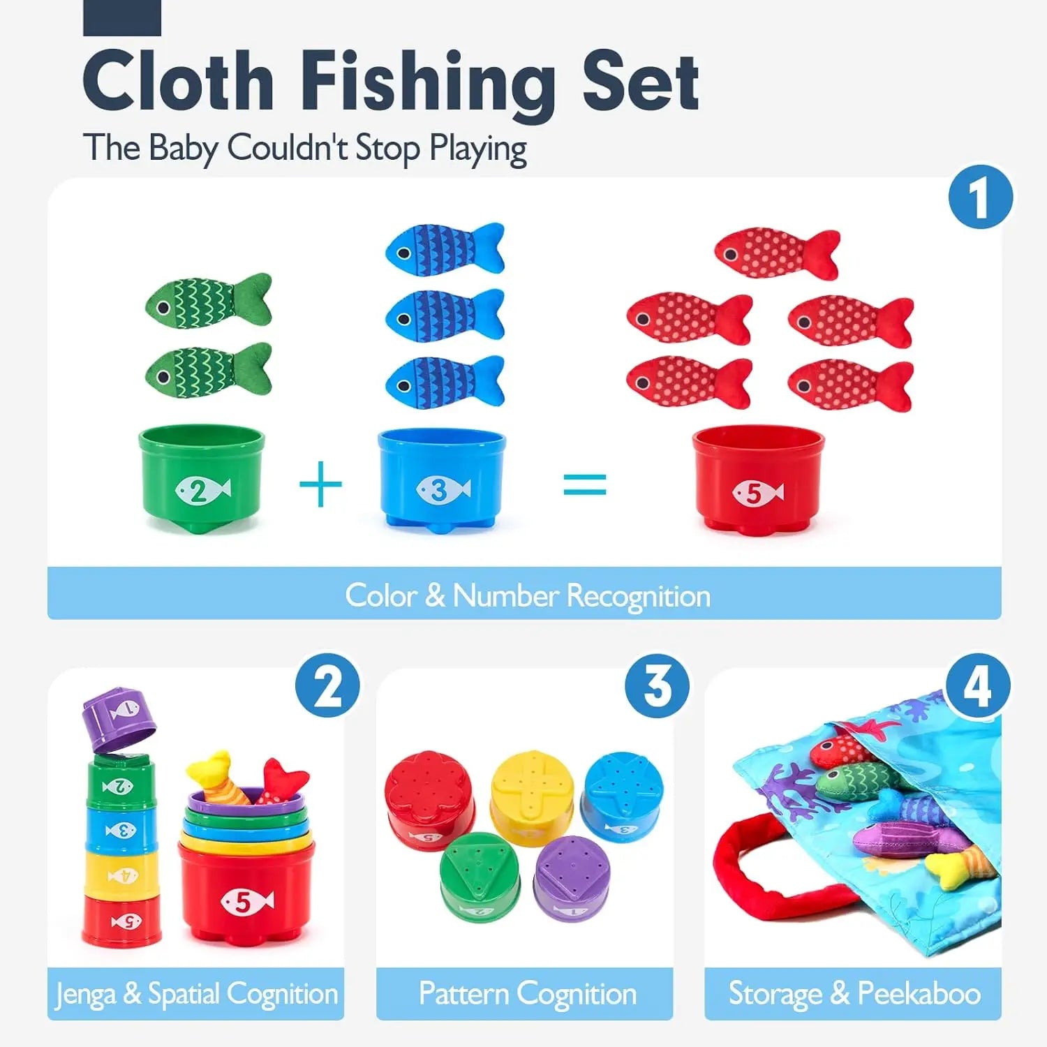 Montessori Toy for Todders Cloth Fishing Game with Stacking Cups Color Sorting Early Education Toy Number Counting Math Toy Gift