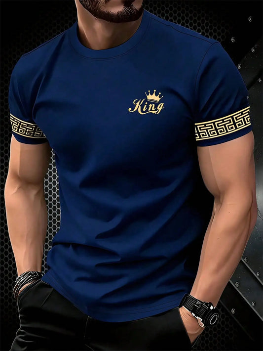 T Shirt for Man Men's Black and Golden Casual T-shirt Printed with "King" Crown + Arm Pattern Clothing Light Luxury Personality