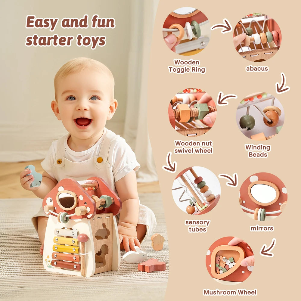 Montessori Five-in-one Toy Wooden Mushroom Baby Puzzle Toy Multi-Functional Sensory Development Early Education Toys Child Gift
