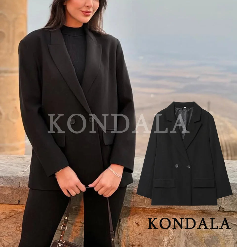 KONDALA Elegant Commute Double-breasted Blazer Women Vintage Brown Buttons Blazer 2026 Spring Summer Trendy Office Lady Blazer