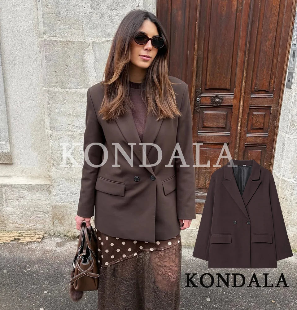 KONDALA Elegant Commute Double-breasted Blazer Women Vintage Brown Buttons Blazer 2026 Spring Summer Trendy Office Lady Blazer