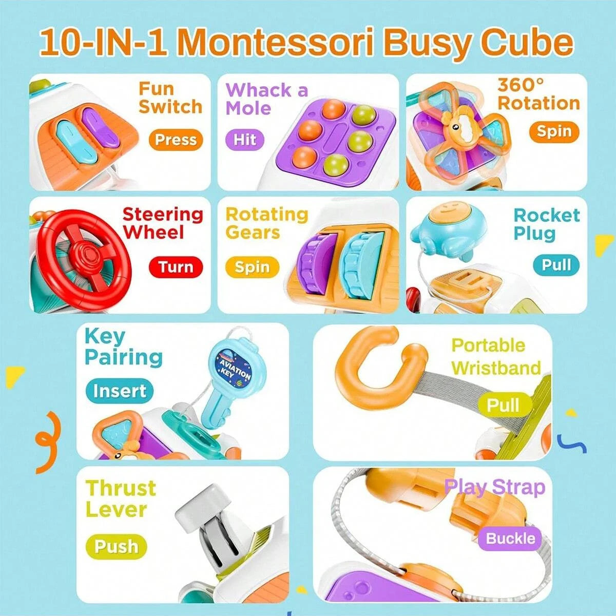 10 in 1 Baby Busy Board Cube Montessori Sensory Toys for Toddler Educational Learning Activities Travel Fine Toy Motor Skill