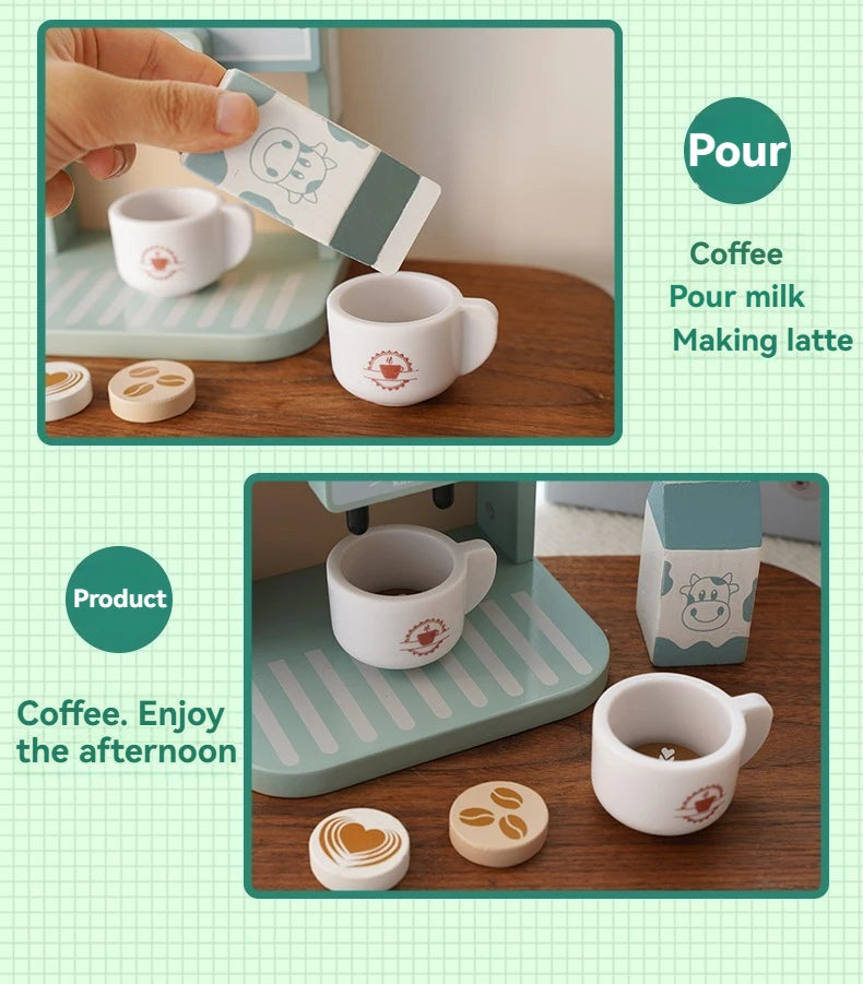 Kids Kitchen Toy Set Wooden Coffee Maker Set Simulation Cookie Pretend Play Educational Toys Gifts for Girls Boys