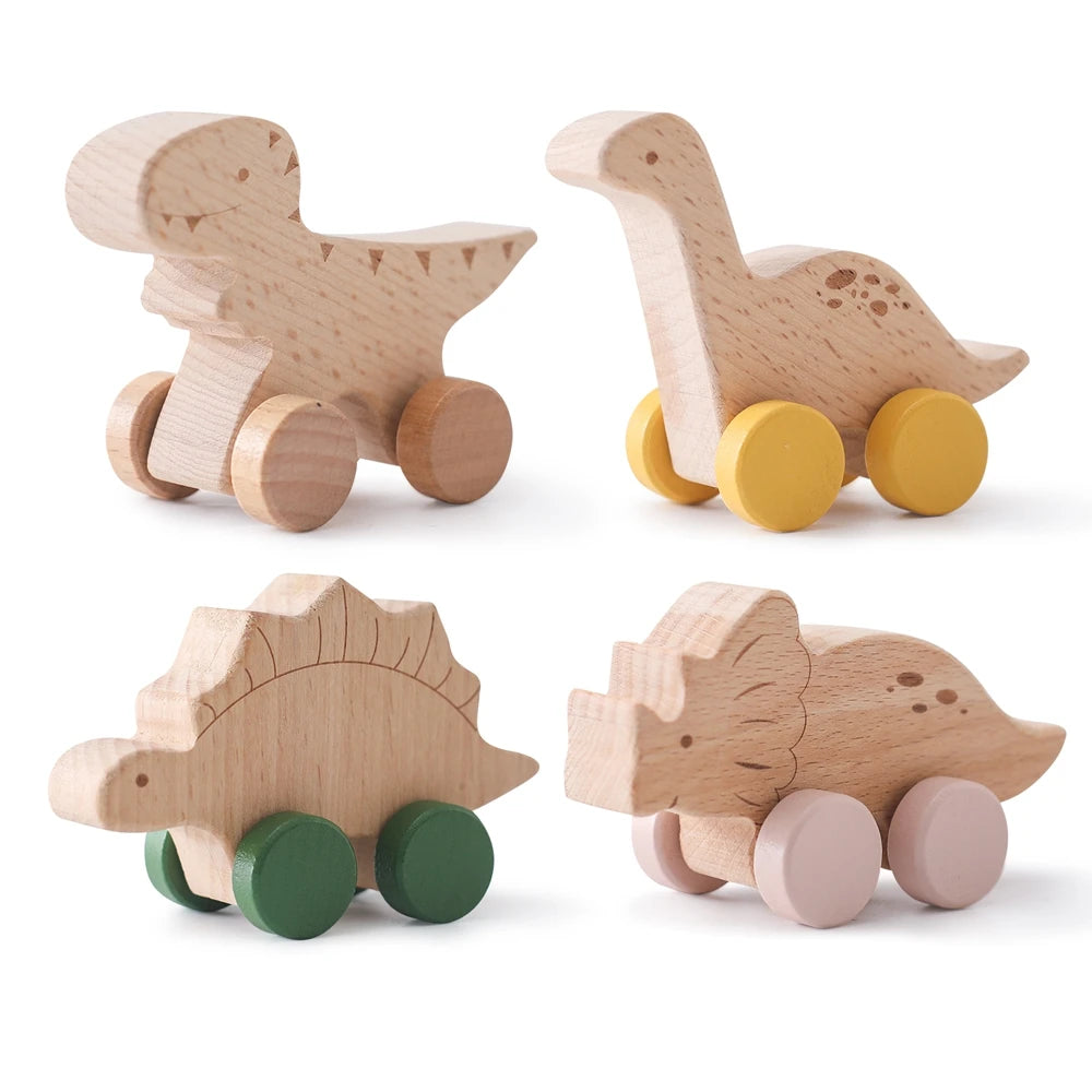 Dinosaur Cartoon Car Montessori Wooden Teether Toy for Infants Toddlers - Sensory Developmental Pretend Play Baby Teething Toy