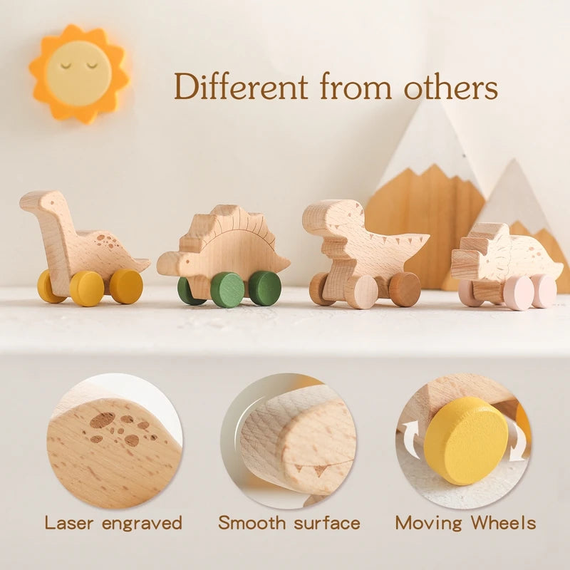 Dinosaur Cartoon Car Montessori Wooden Teether Toy for Infants Toddlers - Sensory Developmental Pretend Play Baby Teething Toy