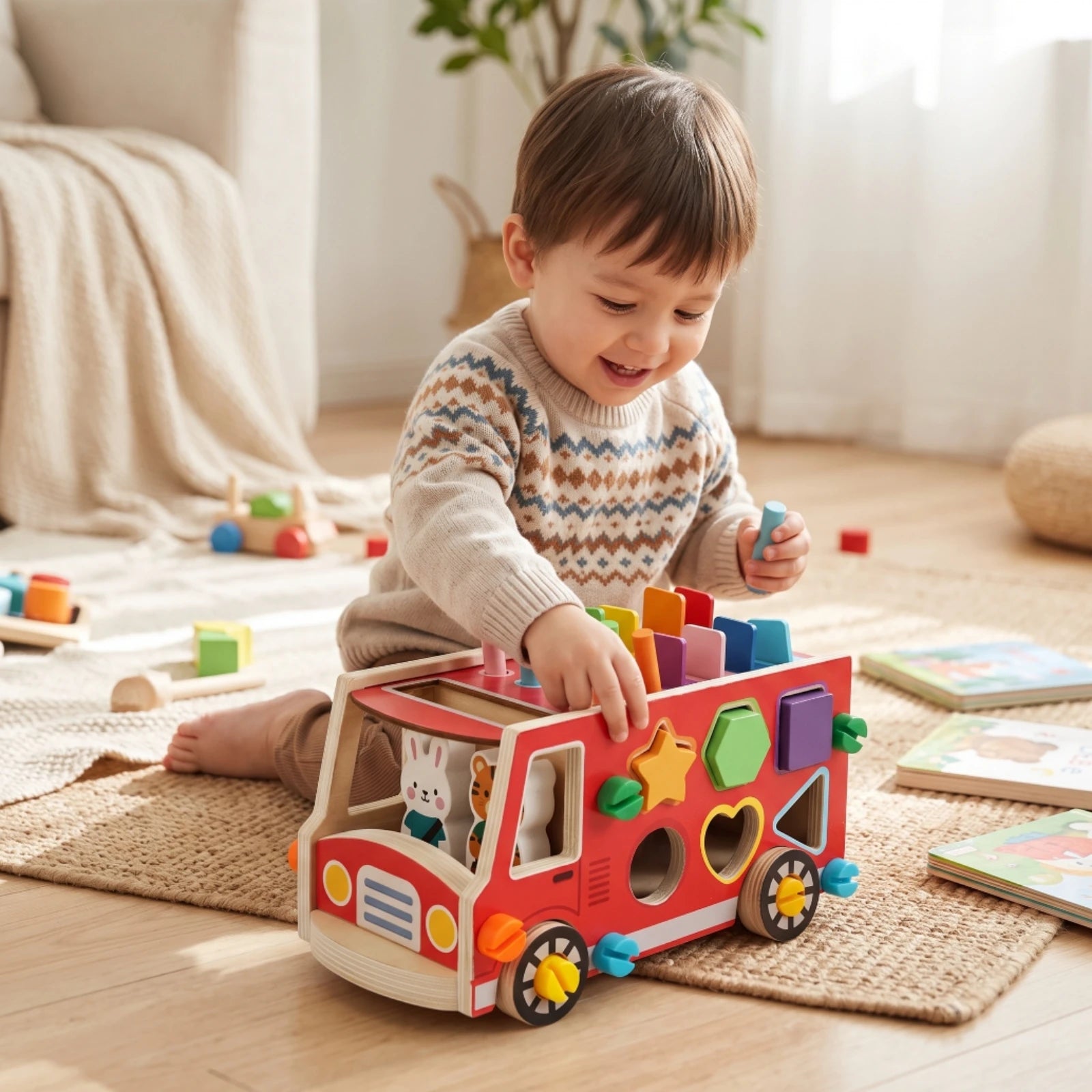 Wooden Bus with Hammer Colorful Bus Shape Sorter Wooden Shape Sorter Interactive Child-Safe for Toddlers, Playroom, Daycare