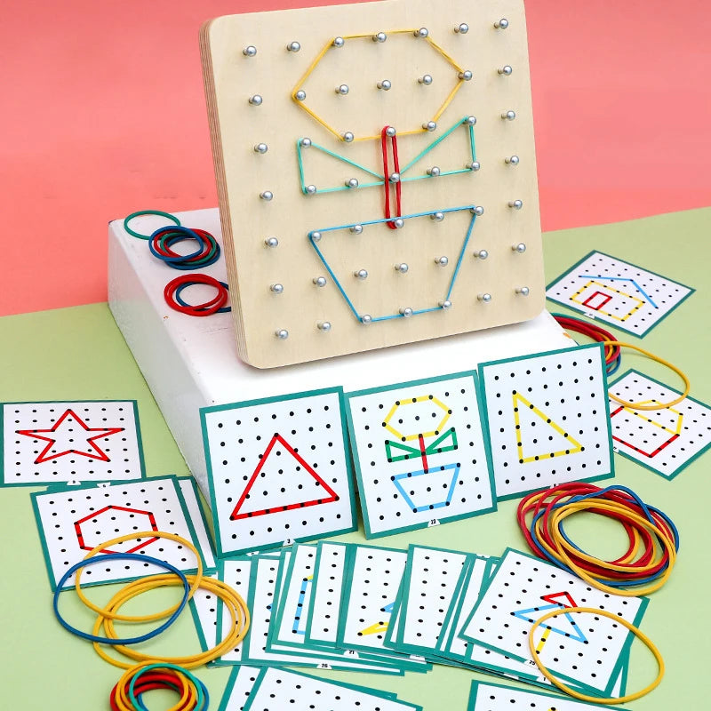 Montessori Baby Creative Toy Graphics Rubber Tie Nail Boards with Cards Childhood Education Preschool Kids