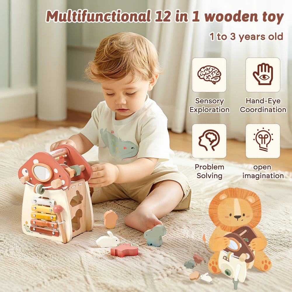 Montessori Five-in-one Toy Wooden Mushroom Baby Puzzle Toy Multi-Functional Sensory Development Early Education Toys Child Gift