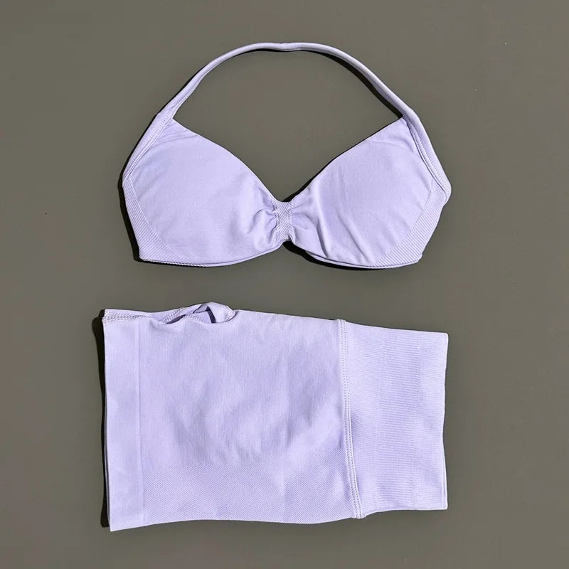 HISTELLO Gym Set 2 Piece Women Strappy Yoga Bra Top Workout Scrunch Shorts Sports Suit Fitness Clothes Seamless Yoga Set