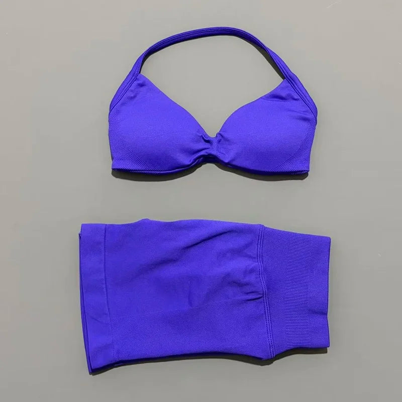HISTELLO Gym Set 2 Piece Women Strappy Yoga Bra Top Workout Scrunch Shorts Sports Suit Fitness Clothes Seamless Yoga Set