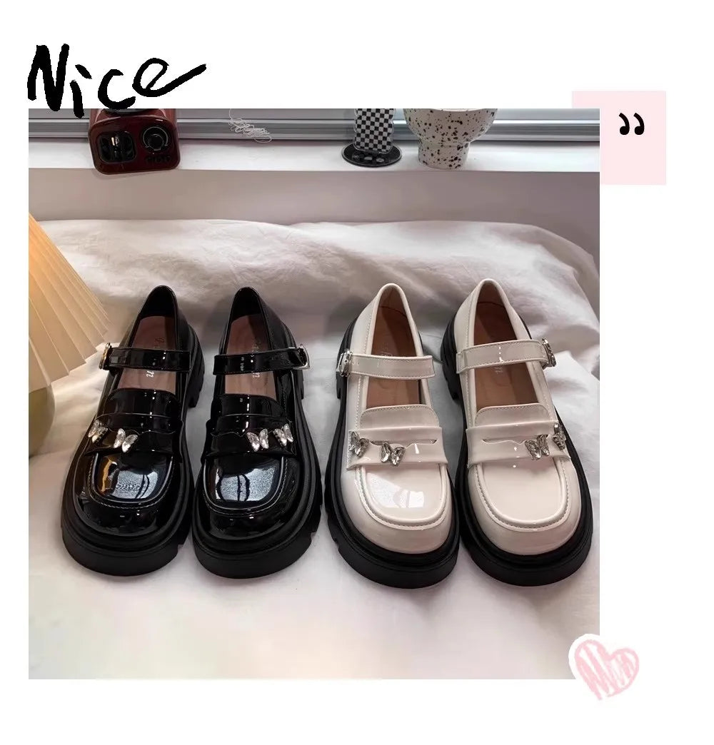 Girls Black Leather Shoes for Wedding Party School Opening Soft PU Bright Skin Kids Flats with Metal Butterfly Princess Sweet