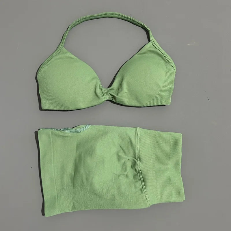 HISTELLO Gym Set 2 Piece Women Strappy Yoga Bra Top Workout Scrunch Shorts Sports Suit Fitness Clothes Seamless Yoga Set