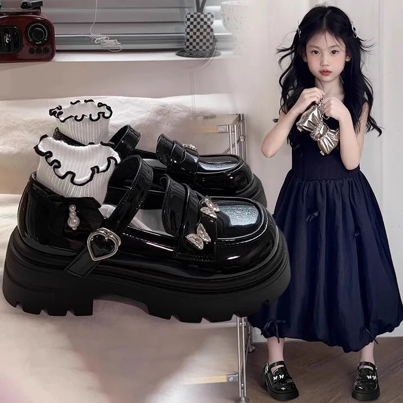 Girls Black Leather Shoes for Wedding Party School Opening Soft PU Bright Skin Kids Flats with Metal Butterfly Princess Sweet