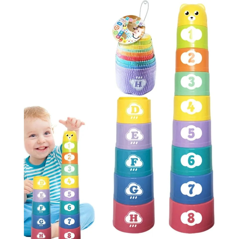 9PCS Stacking Cups Early Education Puzzle Stackable Rainbow Tower with Numbers Letters Shapes Fold Cup Child Stack Game