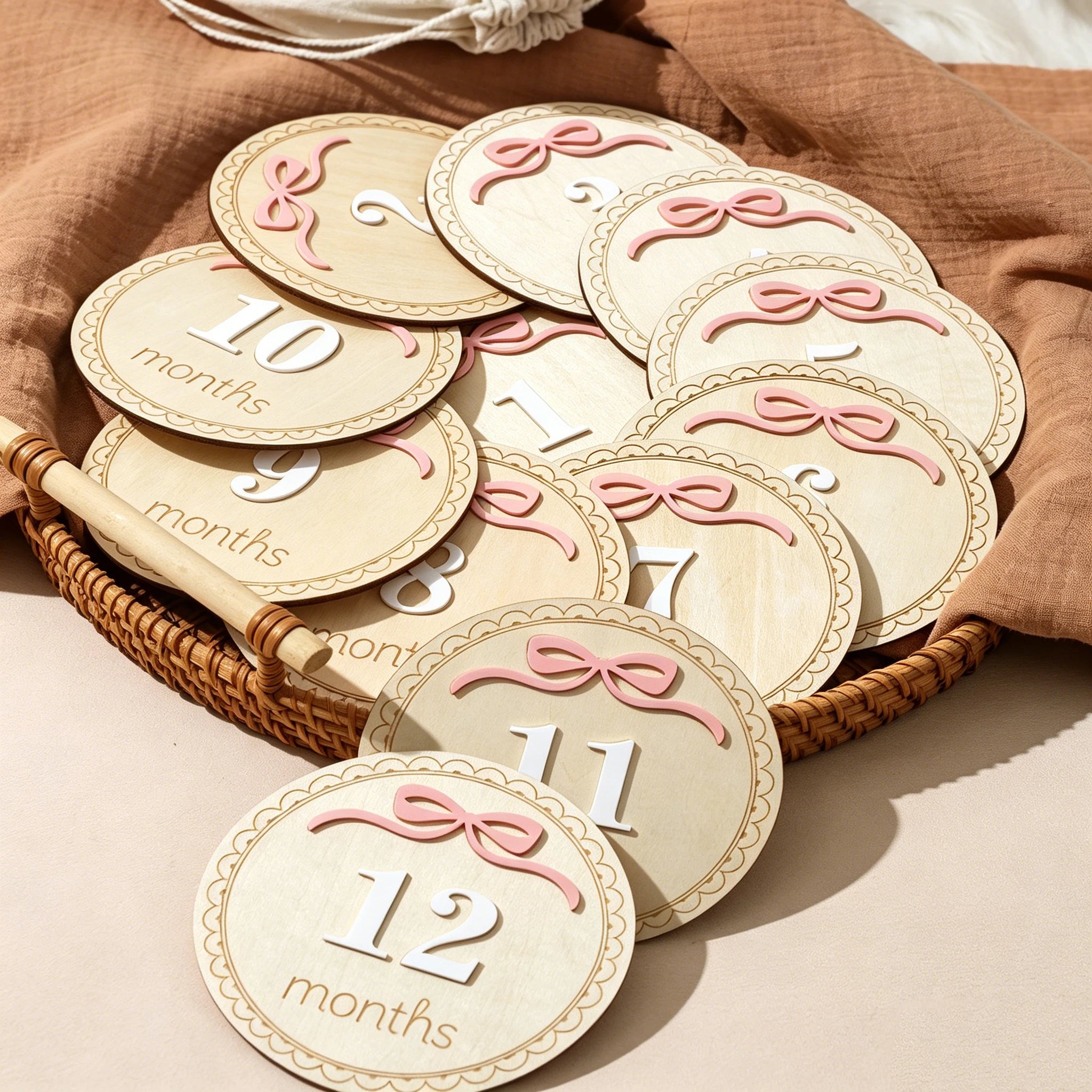 Ylsteed Newborn Photography 1-12 Months Baby Milestone Wooden Discs Pink Bow 3D Engraved Photo Props Keepsake Cards Shower -HD