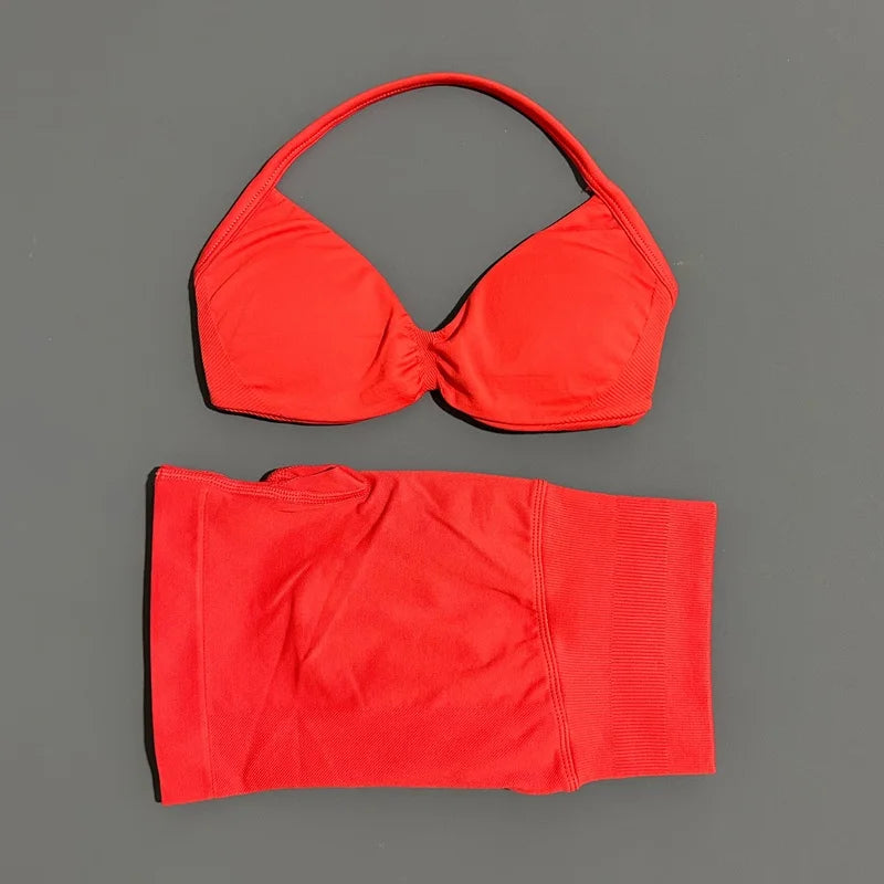 HISTELLO Gym Set 2 Piece Women Strappy Yoga Bra Top Workout Scrunch Shorts Sports Suit Fitness Clothes Seamless Yoga Set