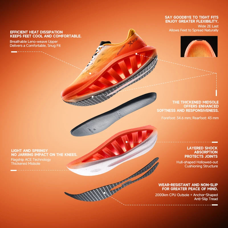Xtep Light Boat MAX Male Lightweight Rebound Height-Increasing Stronger Propulsive Force Running Shoes 874219110095