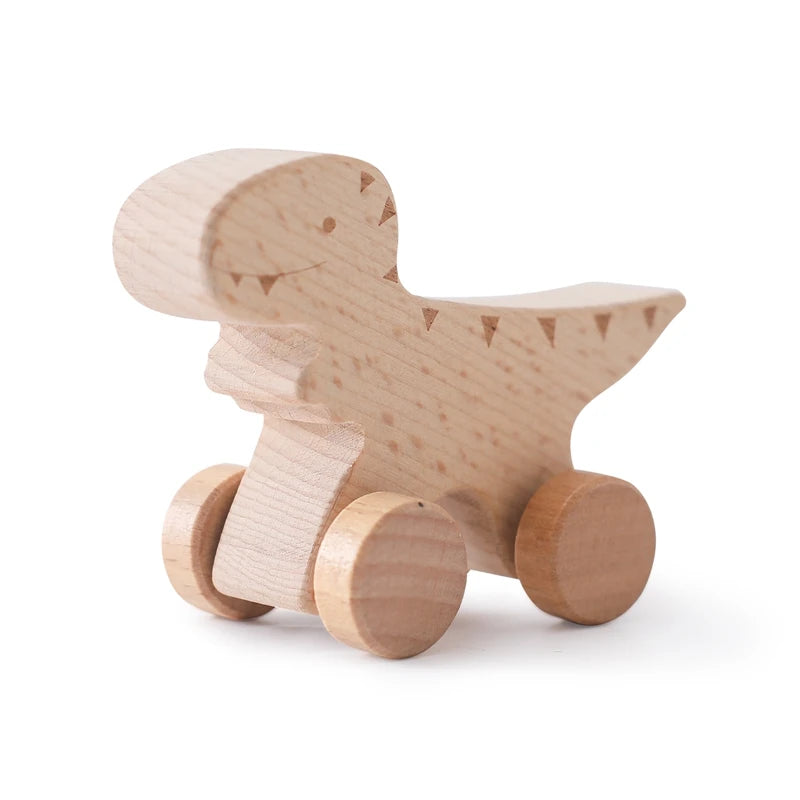 Dinosaur Cartoon Car Montessori Wooden Teether Toy for Infants Toddlers - Sensory Developmental Pretend Play Baby Teething Toy