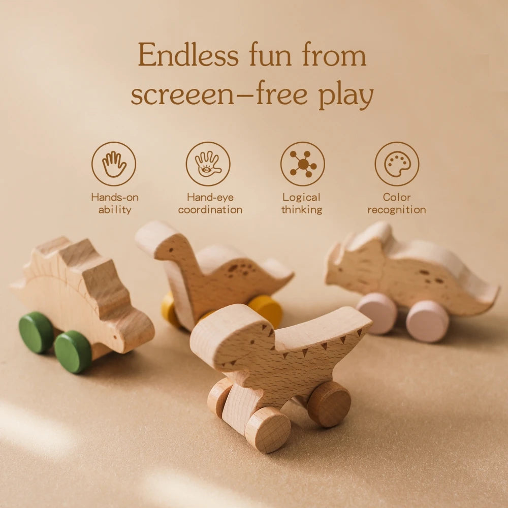 Dinosaur Cartoon Car Montessori Wooden Teether Toy for Infants Toddlers - Sensory Developmental Pretend Play Baby Teething Toy