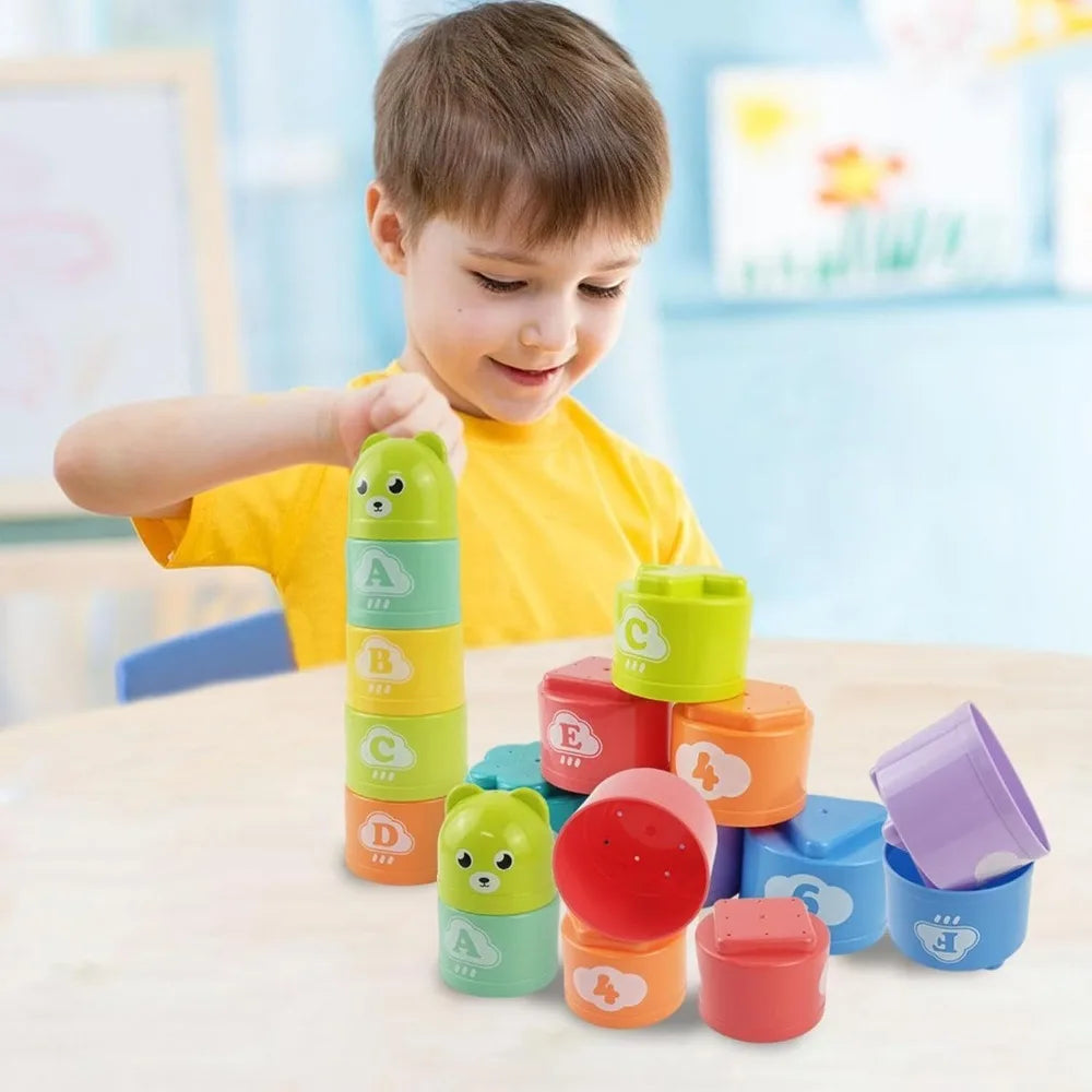 9PCS Stacking Cups Early Education Puzzle Stackable Rainbow Tower with Numbers Letters Shapes Fold Cup Child Stack Game