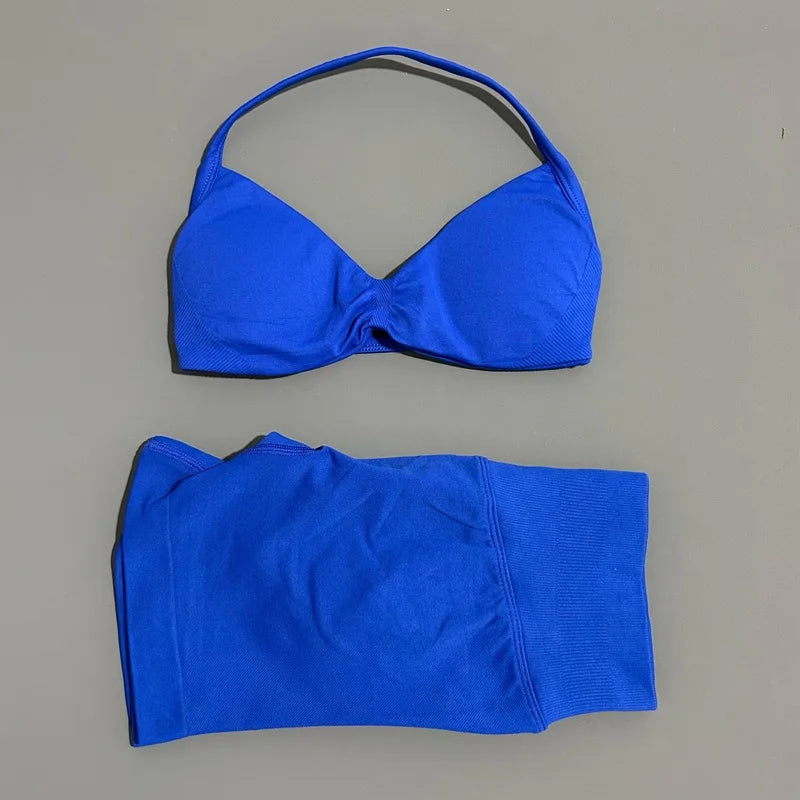 HISTELLO Gym Set 2 Piece Women Strappy Yoga Bra Top Workout Scrunch Shorts Sports Suit Fitness Clothes Seamless Yoga Set