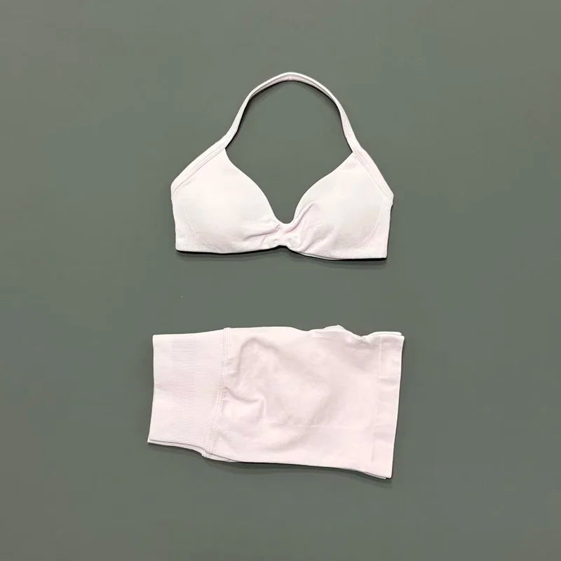 HISTELLO Gym Set 2 Piece Women Strappy Yoga Bra Top Workout Scrunch Shorts Sports Suit Fitness Clothes Seamless Yoga Set