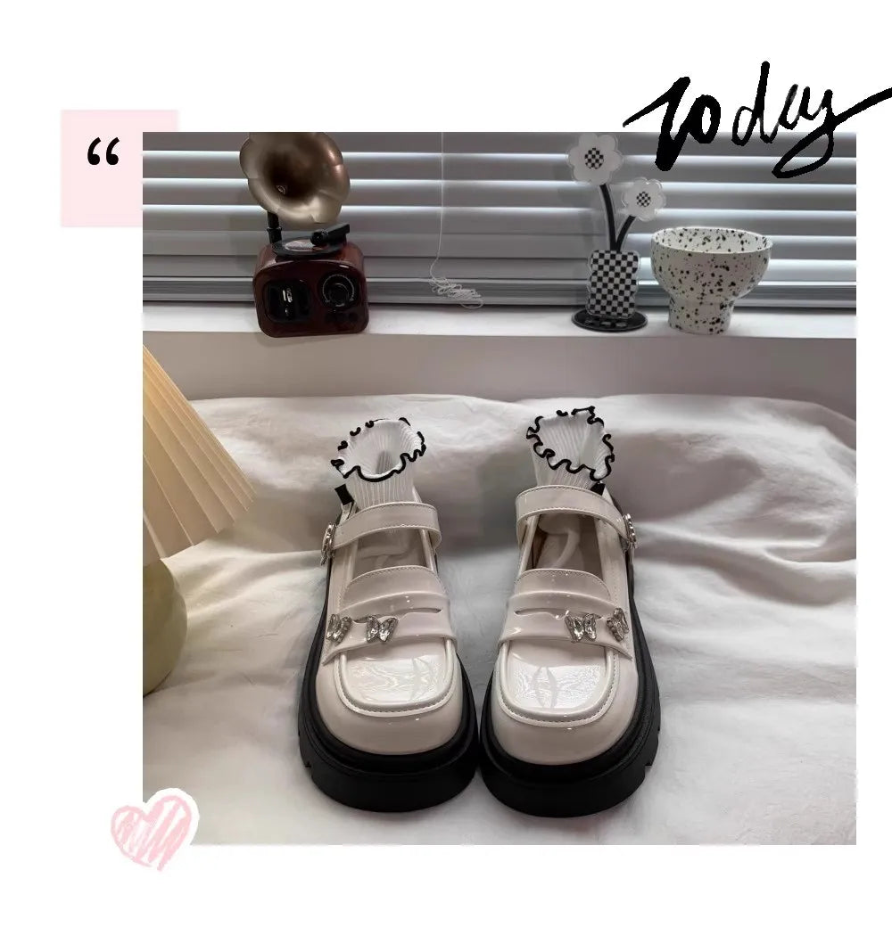 Girls Black Leather Shoes for Wedding Party School Opening Soft PU Bright Skin Kids Flats with Metal Butterfly Princess Sweet