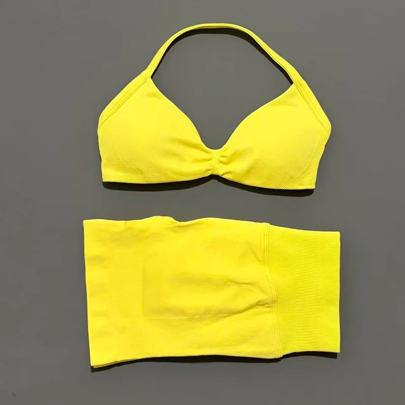HISTELLO Gym Set 2 Piece Women Strappy Yoga Bra Top Workout Scrunch Shorts Sports Suit Fitness Clothes Seamless Yoga Set