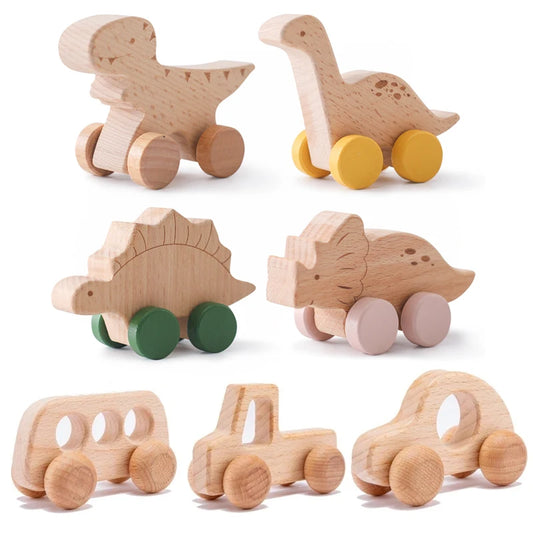 Dinosaur Cartoon Car Montessori Wooden Teether Toy for Infants Toddlers - Sensory Developmental Pretend Play Baby Teething Toy