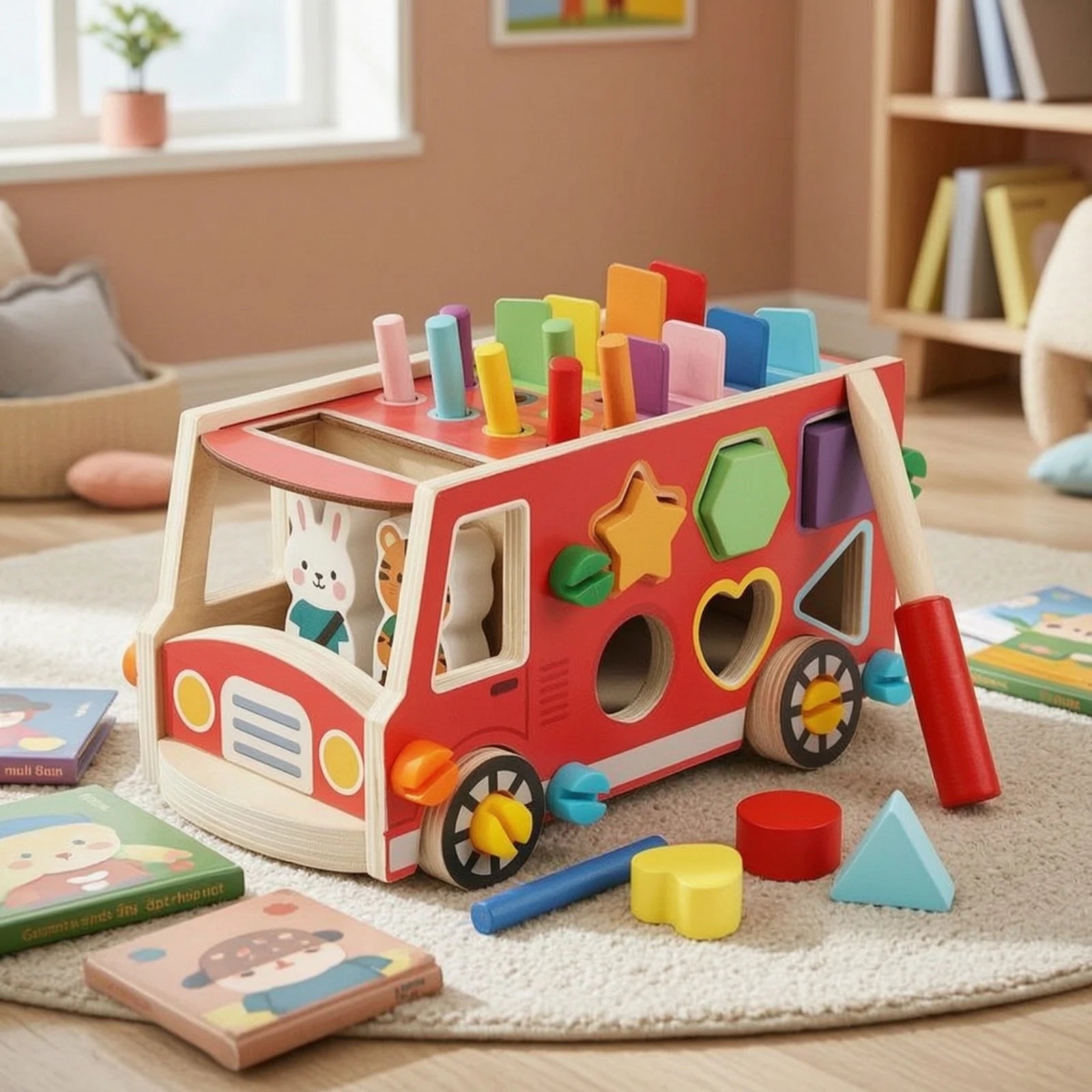 Wooden Bus with Hammer Colorful Bus Shape Sorter Wooden Shape Sorter Interactive Child-Safe for Toddlers, Playroom, Daycare