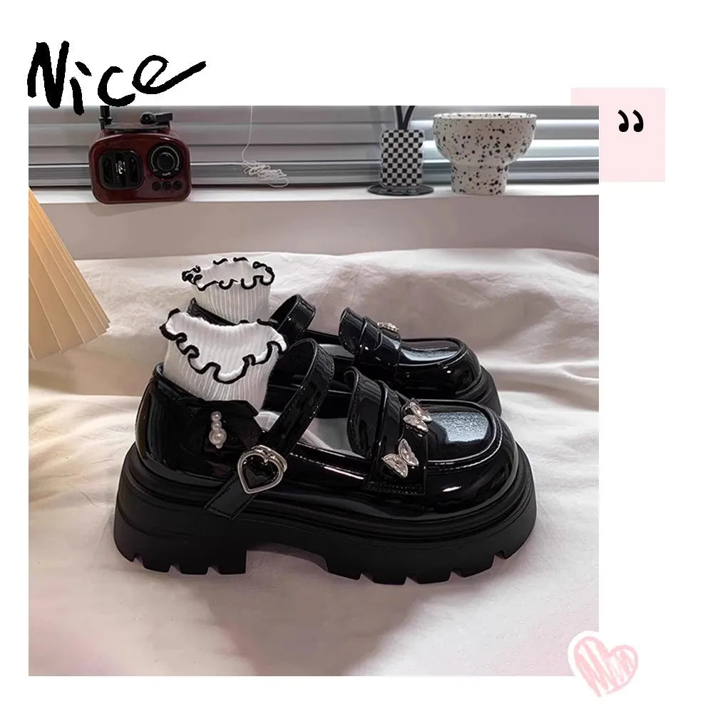 Girls Black Leather Shoes for Wedding Party School Opening Soft PU Bright Skin Kids Flats with Metal Butterfly Princess Sweet