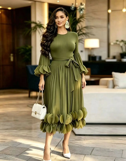 2026 Miyake Light Luxury High-end Round Neck Dress Women's Summer Pleated Ruffle Edge Design Temperament Long Dress