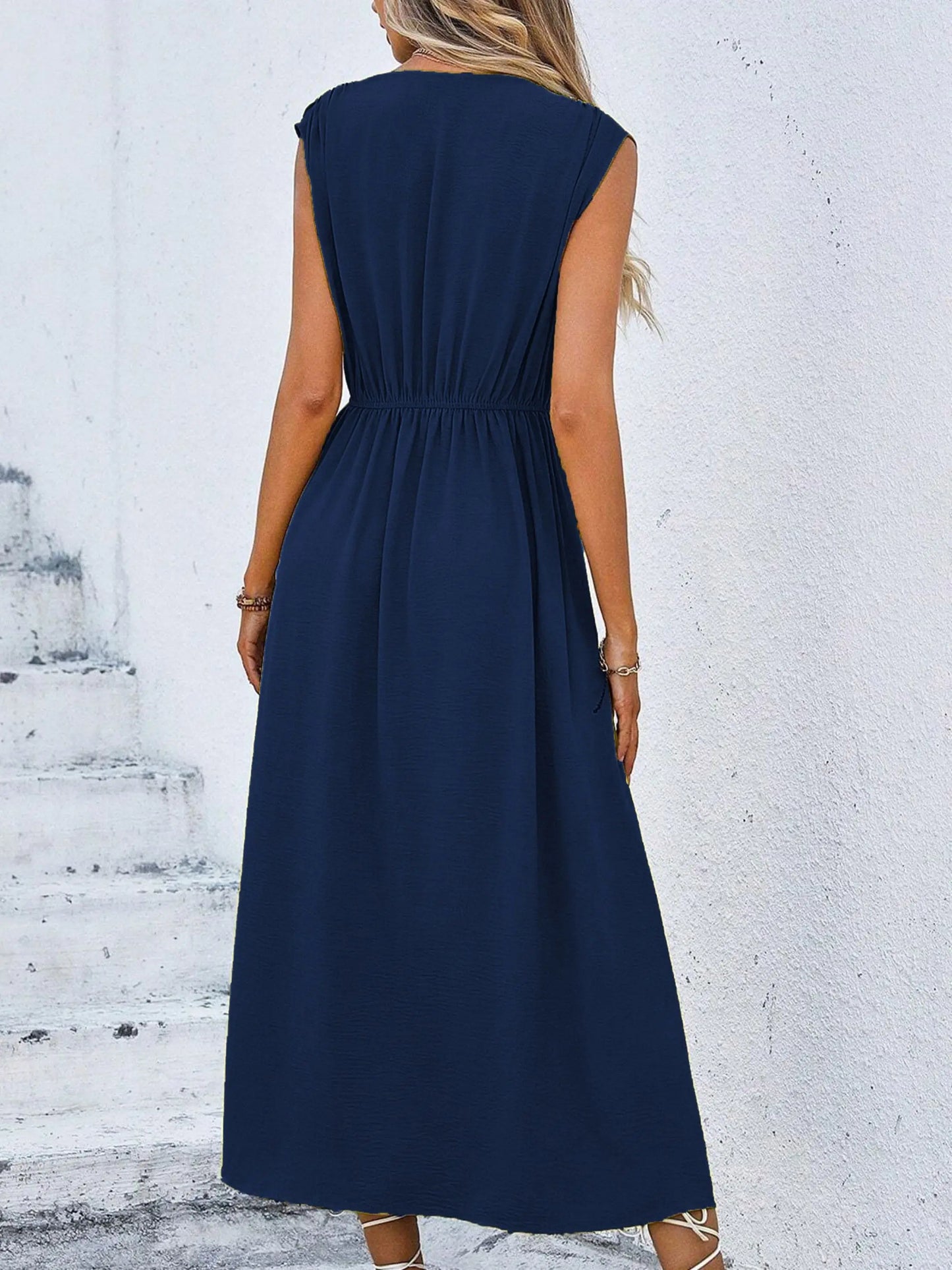 Women's Solid Color A-Line Dress Sleeveless Front Thin Straps Elegant Belted Midi Dress for Summer