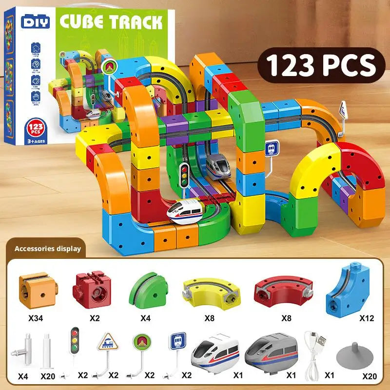 51/81/123PCS Magical Track Train USB Rechargeable 3D Building Tracks Cube Rails STEM Educational Toys Christmas Birthday Gift