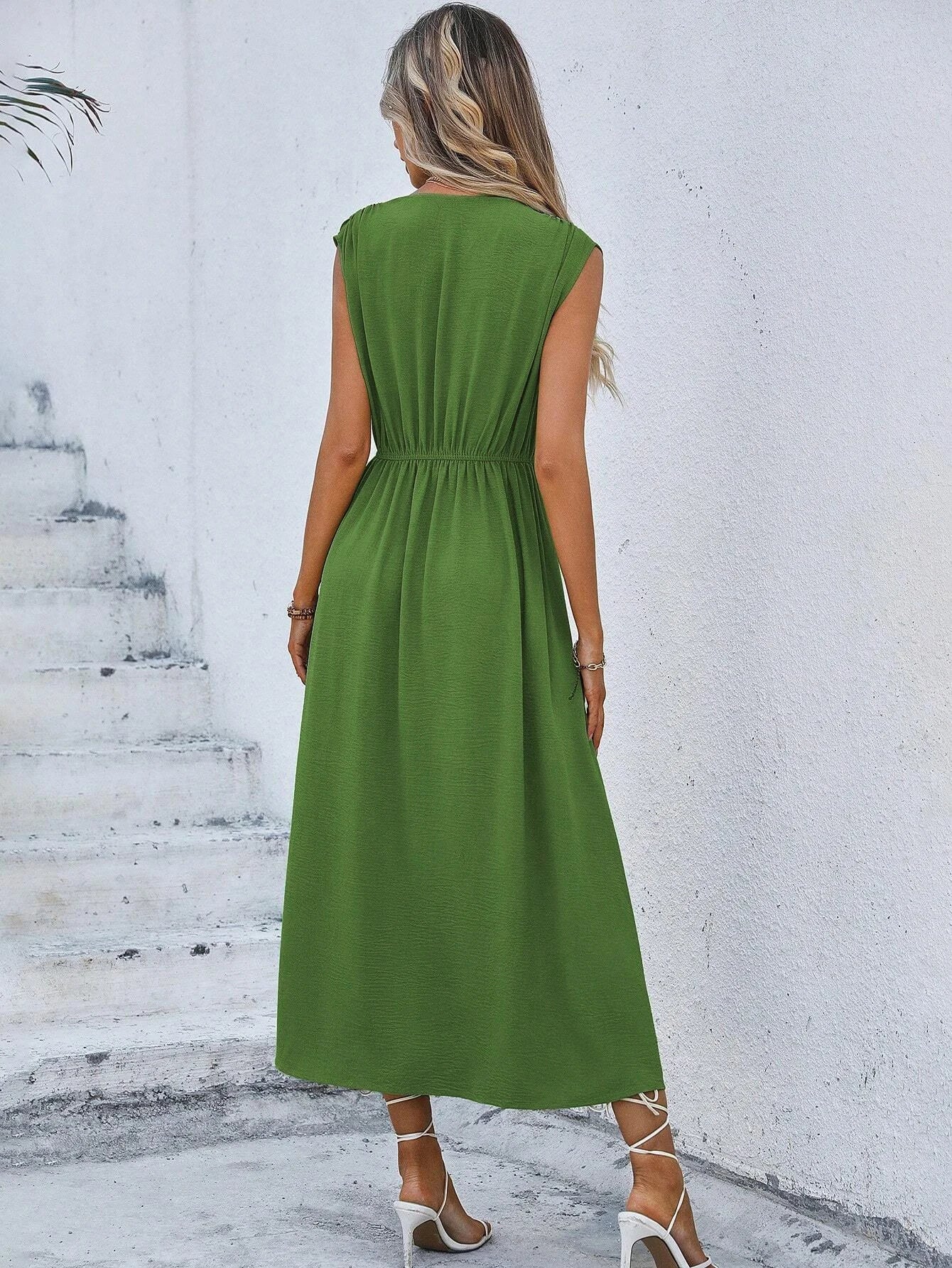 Women's Solid Color A-Line Dress Sleeveless Front Thin Straps Elegant Belted Midi Dress for Summer