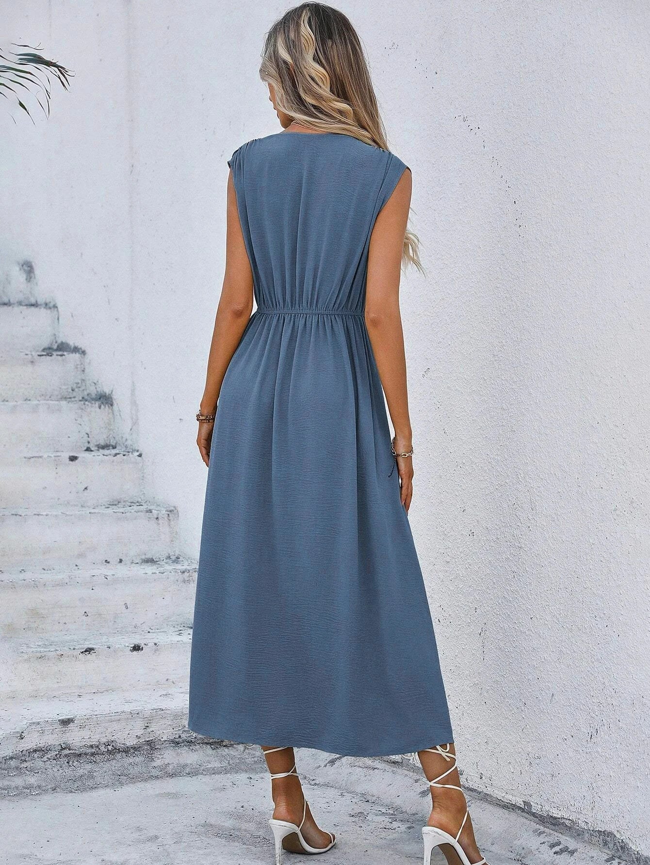 Women's Solid Color A-Line Dress Sleeveless Front Thin Straps Elegant Belted Midi Dress for Summer