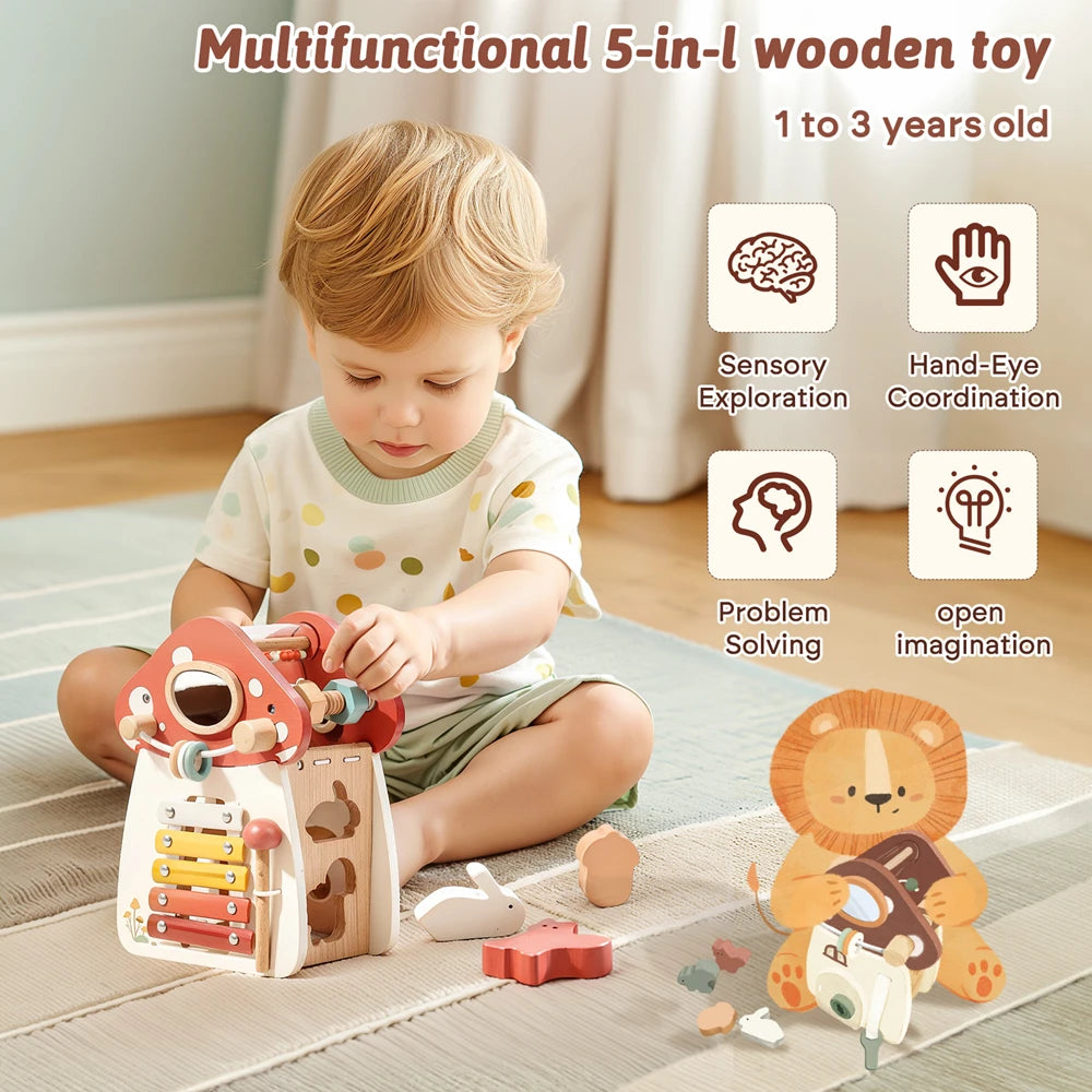 Montessori Five-in-one Toy Wooden Mushroom Baby Puzzle Toy Multi-Functional Sensory Development Early Education Toys Child Gift