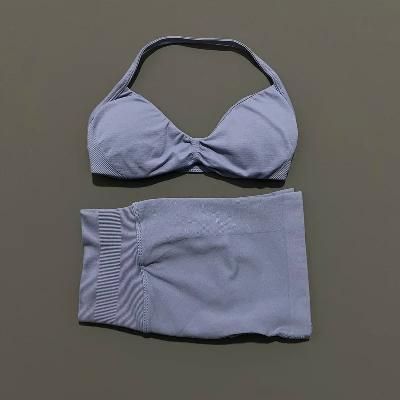 HISTELLO Gym Set 2 Piece Women Strappy Yoga Bra Top Workout Scrunch Shorts Sports Suit Fitness Clothes Seamless Yoga Set