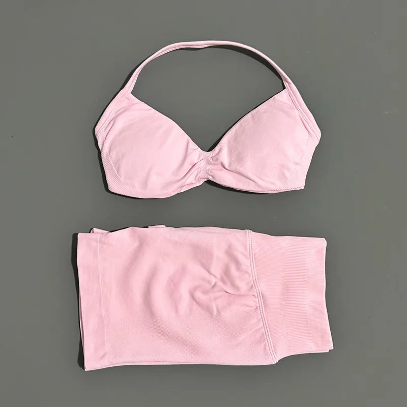 HISTELLO Gym Set 2 Piece Women Strappy Yoga Bra Top Workout Scrunch Shorts Sports Suit Fitness Clothes Seamless Yoga Set