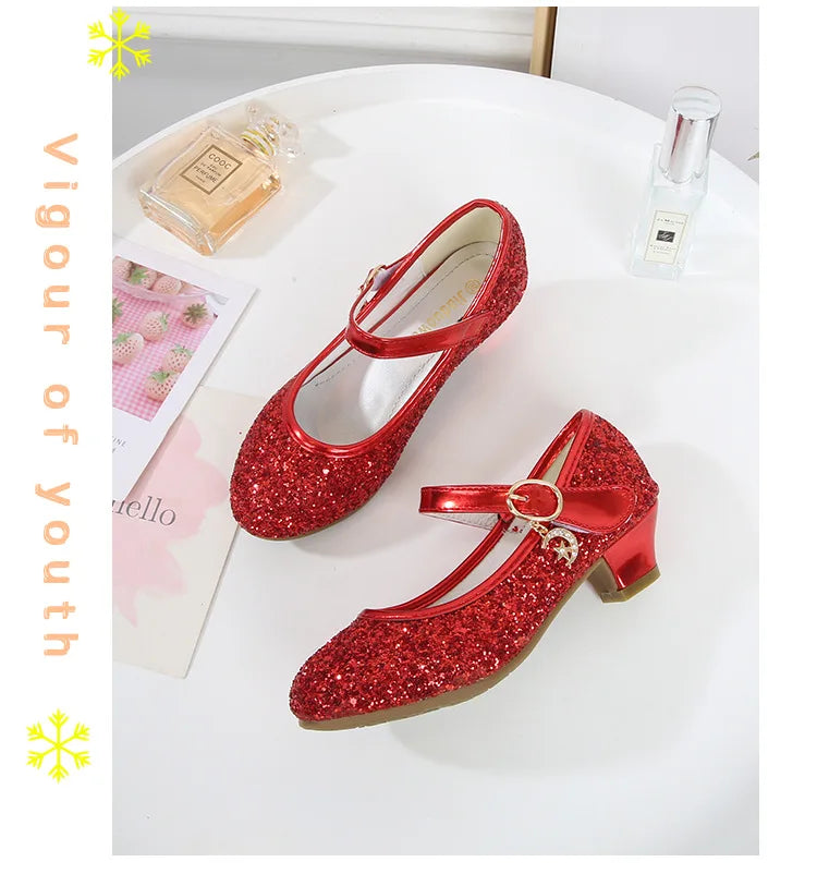 Girls Purple High Heels For Kids Princess RED Leather Shoe Footwear Children's Dress Party Wedding Shoes Round Toe 1-3CM