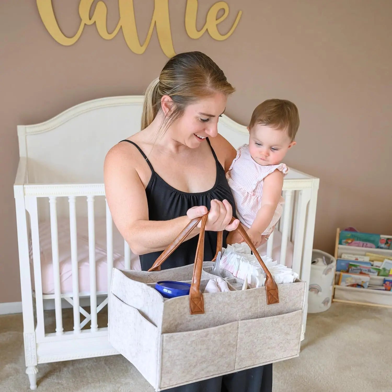 Keilly Nannies Baby Felt Storage Nursery Organizer Basket Infant Diaper Bag with Handle Caddy Changing Nappy Kids Storage Carrier Large Pocket