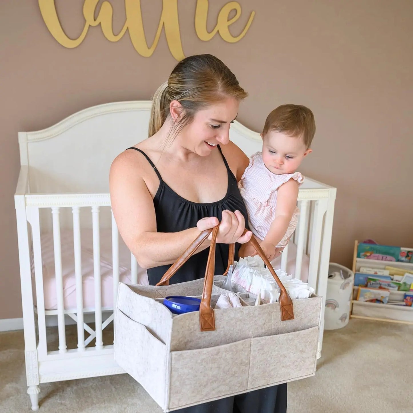Keilly Nannies Baby Felt Storage Nursery Organizer Basket Infant Diaper Bag with Handle Caddy Changing Nappy Kids Storage Carrier Large Pocket