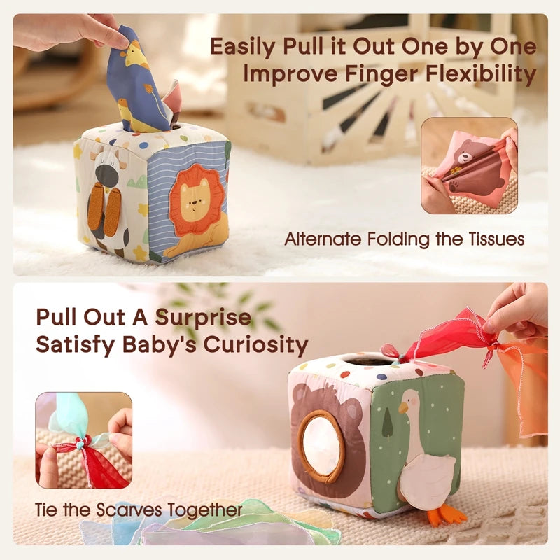 Montessori Cloths Toys Magic Cotton Animal Tissue Box Kids Finger Exercise Cloth Busy Box Toys Baby Educational Activity Sensory
