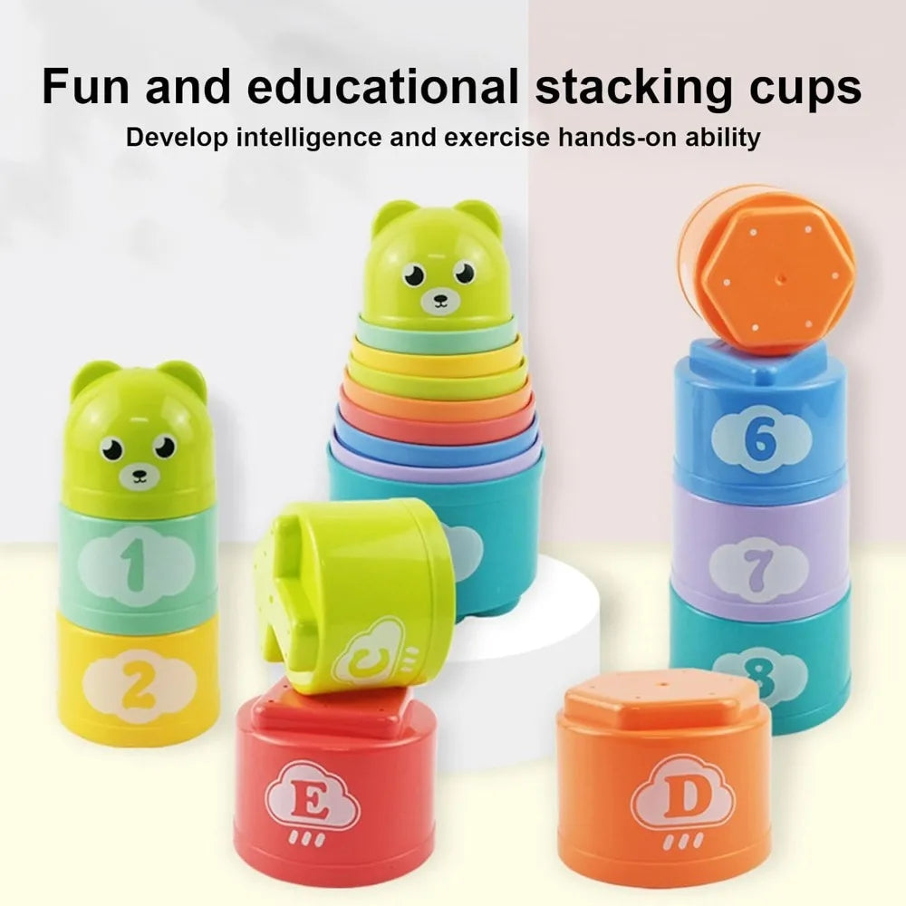 9PCS Stacking Cups Early Education Puzzle Stackable Rainbow Tower with Numbers Letters Shapes Fold Cup Child Stack Game