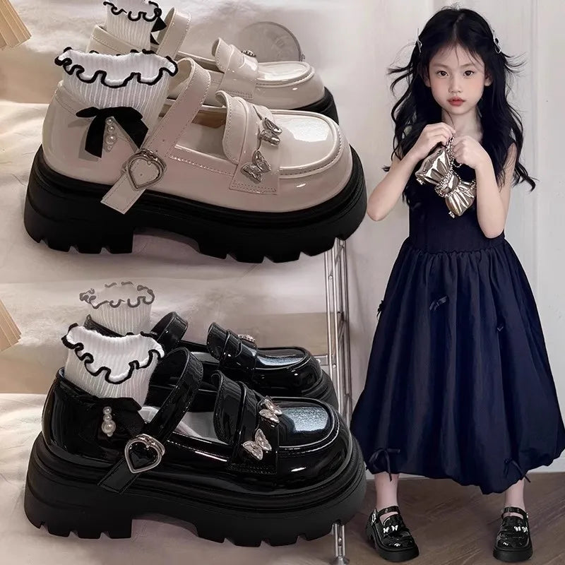 Girls Black Leather Shoes for Wedding Party School Opening Soft PU Bright Skin Kids Flats with Metal Butterfly Princess Sweet