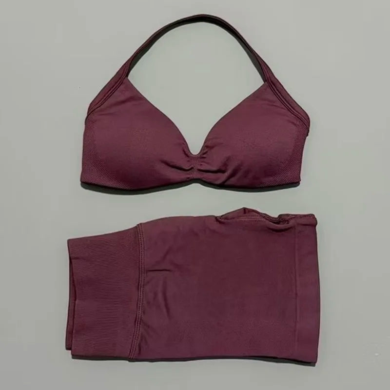 HISTELLO Gym Set 2 Piece Women Strappy Yoga Bra Top Workout Scrunch Shorts Sports Suit Fitness Clothes Seamless Yoga Set