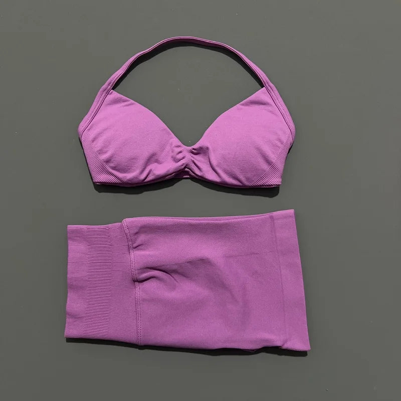 HISTELLO Gym Set 2 Piece Women Strappy Yoga Bra Top Workout Scrunch Shorts Sports Suit Fitness Clothes Seamless Yoga Set