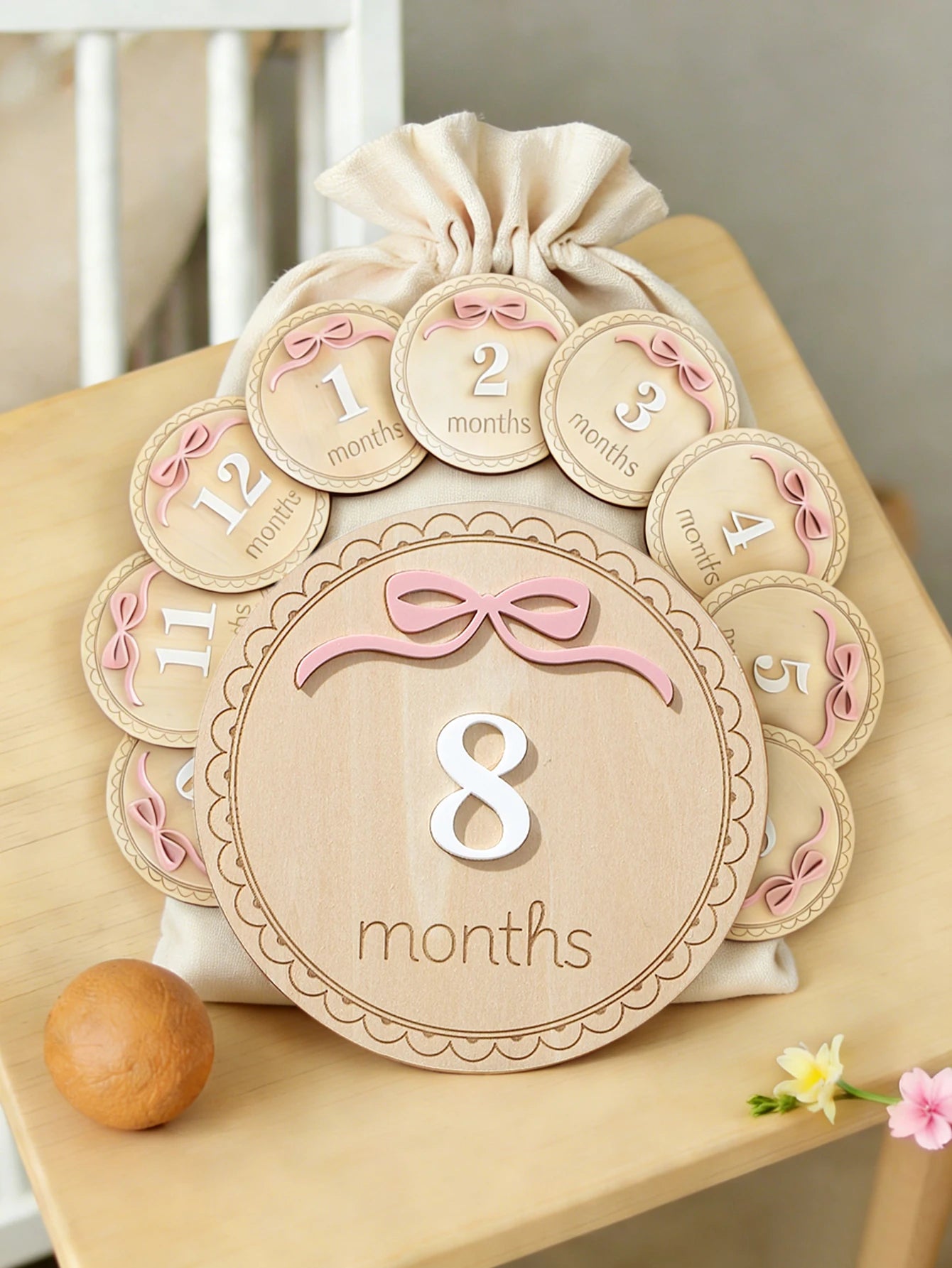 Ylsteed Newborn Photography 1-12 Months Baby Milestone Wooden Discs Pink Bow 3D Engraved Photo Props Keepsake Cards Shower -HD