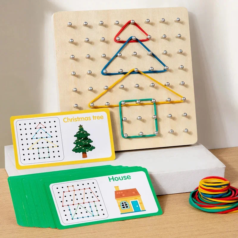 Montessori Baby Creative Toy Graphics Rubber Tie Nail Boards with Cards Childhood Education Preschool Kids