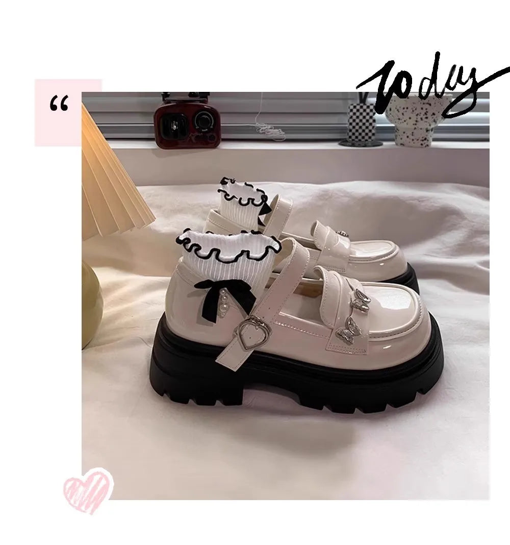 Girls Black Leather Shoes for Wedding Party School Opening Soft PU Bright Skin Kids Flats with Metal Butterfly Princess Sweet